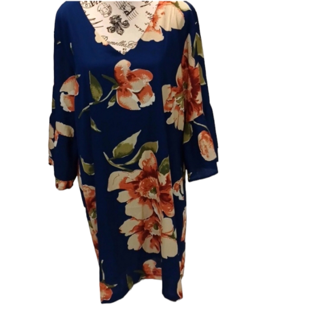 Belongsci V Neck with‎ Bell Sleeve Navy Floral Print  Shift Dress Size XL